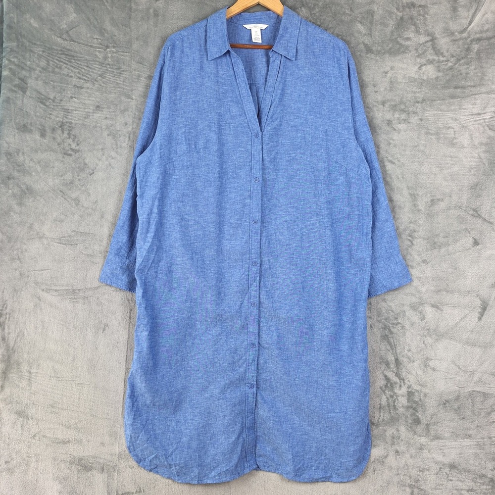 H&M Shirt Dress Large Blue Linen Beach Coastal Cruise Resort Boho Lagenlook Midi